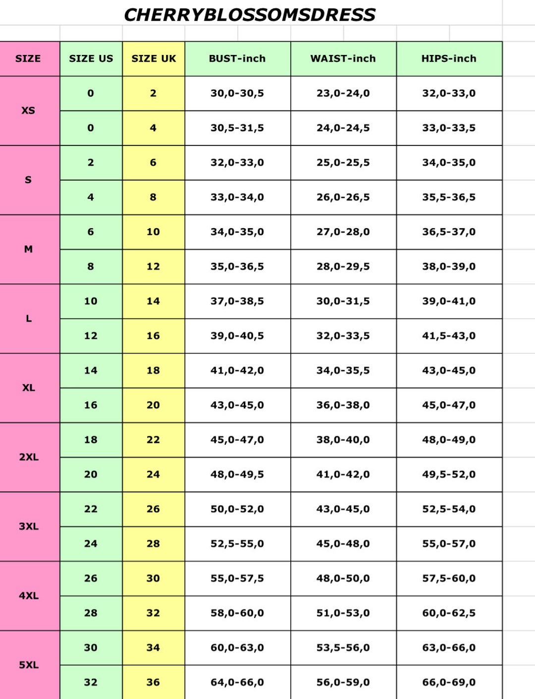 Christin Clothing Size Chart