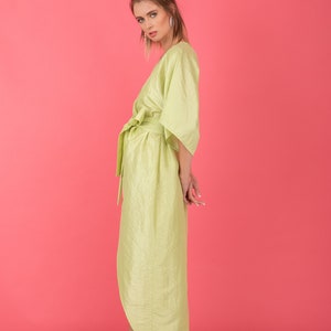 Pastel Green Taffeta Dress, Kimono Dress With Wide Sleeves, Wrap Midi Dress, Tulip Dress With Belt image 3