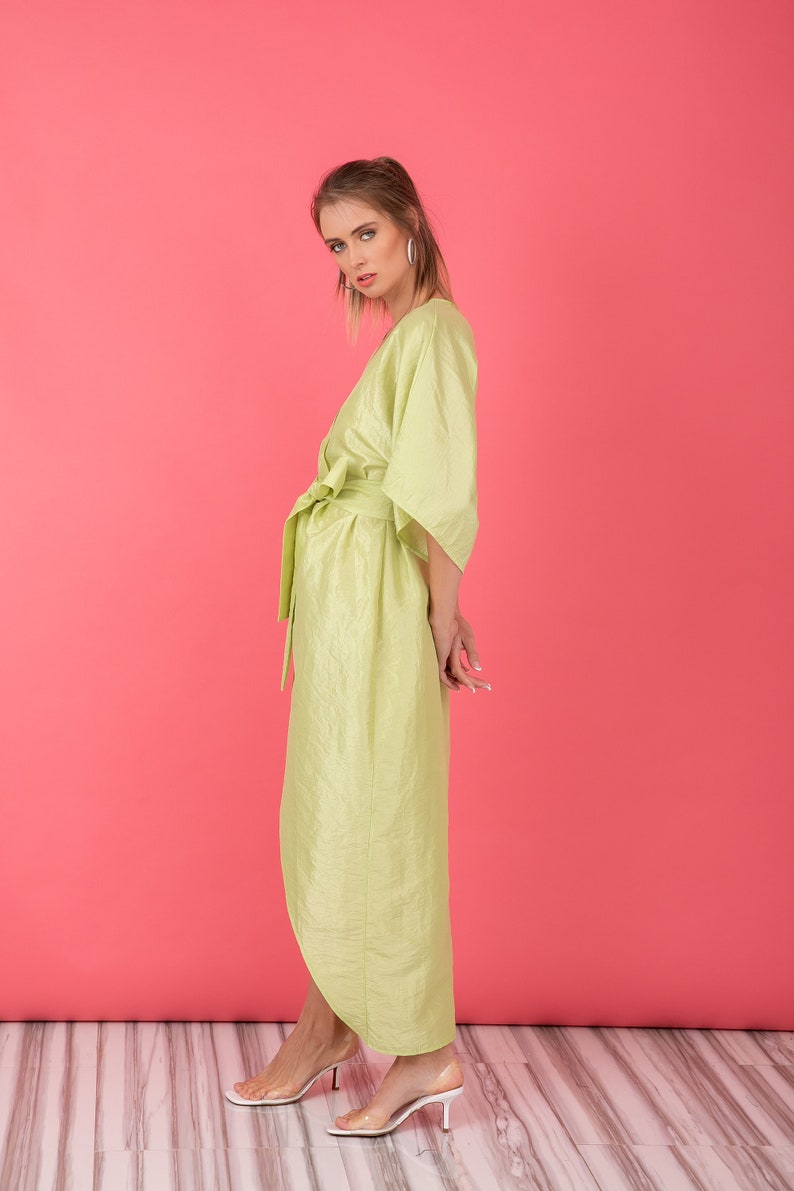 Pastel Green Taffeta Dress, Kimono Dress With Wide Sleeves, Wrap Midi Dress, Tulip Dress With Belt image 3