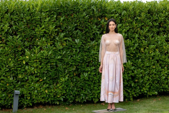Mesh Top and Long Skirt in S size, See through Blouse and Maxi Skirt, Transparent Top and Satin Skirt, See Through Top