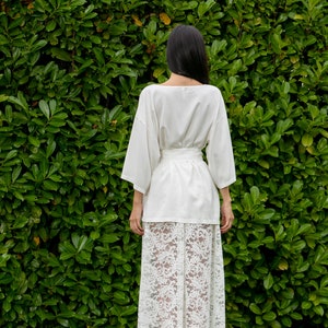 Minimalist Wedding Dress with Lace Maxi Skirt and White Silk Blouse, White Modest Wedding Dress, Bridal Dress image 5