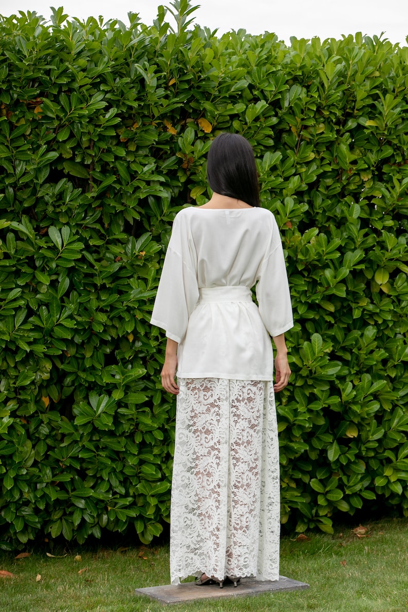 Minimalist Wedding Dress with Lace Maxi Skirt and White Silk Blouse, White Modest Wedding Dress, Bridal Dress image 5