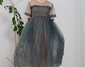 Grey Tulle Dress With Ruffle Sleeves, Tutu Dress, Prom Dress
