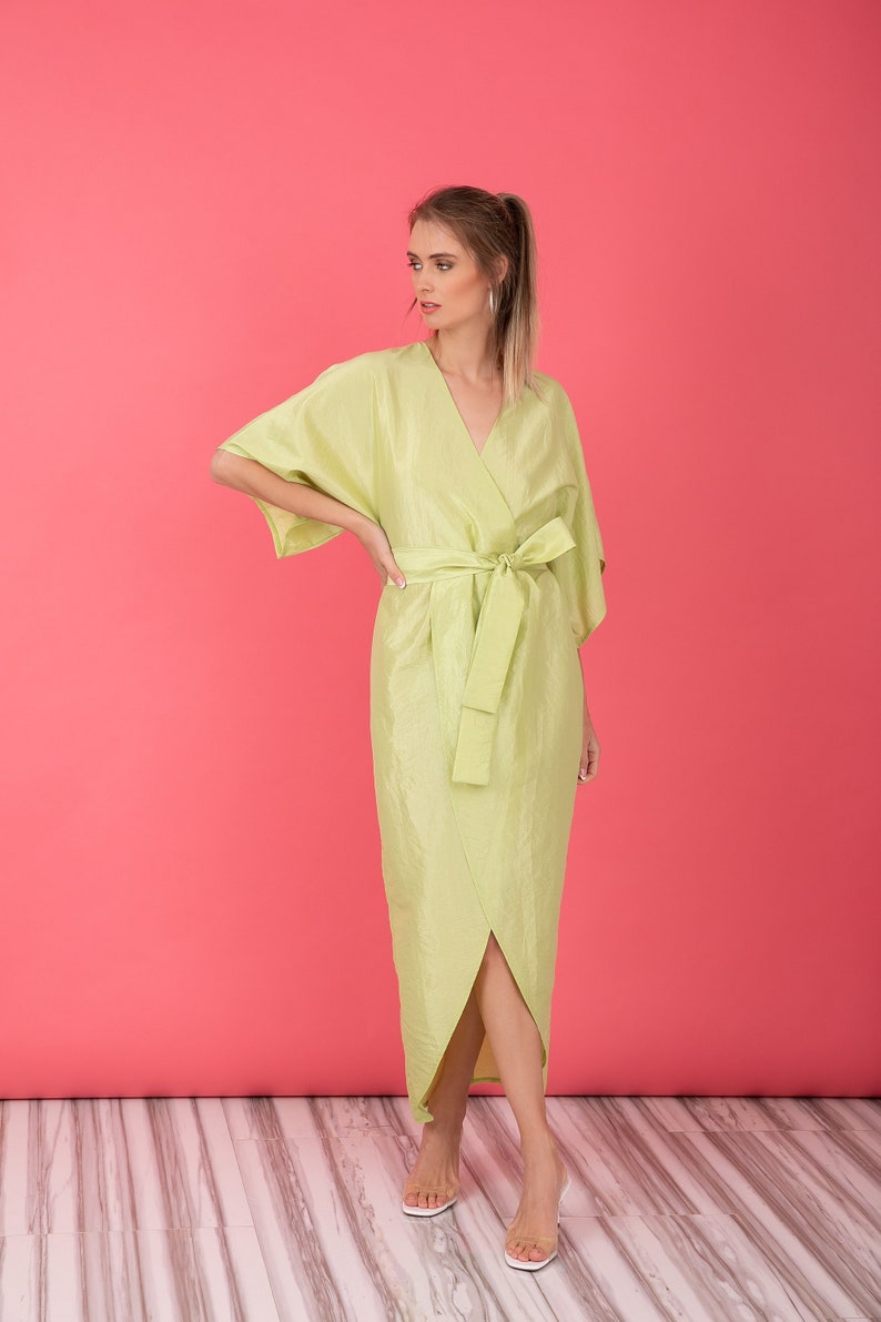 Pastel Green Taffeta Dress, Kimono Dress With Wide Sleeves, Wrap Midi Dress, Tulip Dress With Belt image 2