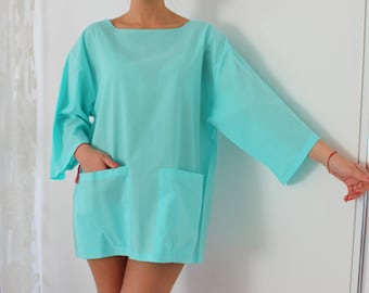 Blusa túnica de algodón turquesa talla XL: Blusa extragrande con bolsillos