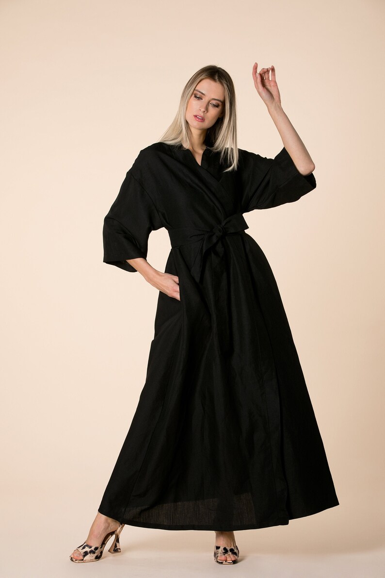 Black Linen Dress, Linen Maxi Dress, Linen Kimono Dress, Linen Clothing, Long Sleeve Dress, Linen Belt Dress, Linen A Line Dress, Bohemian image 2