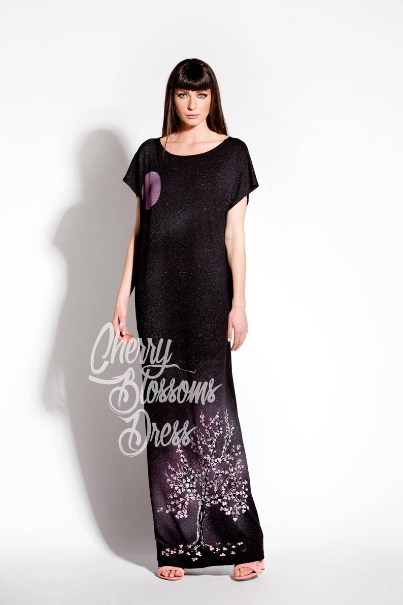 Black Kaftan Dress Robe Dress Black Caftan Pocket Dress Loose Maxi Dress Black Maxi Dress Plus size Dress Hand Painted Caftan Dress