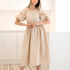 Beige Linen Dress With Oversized Puff Sleeves, Linen Boho Clothing, Linen Midi Dress, Vintage Style Summer Dress image 4