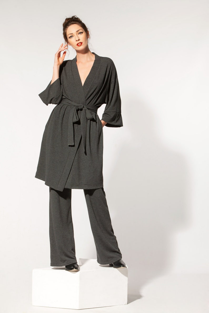 Handmade Viscose Knit Set of Wide Leg Pants and Kimono Robe, Loungewear Two Piece Set, Unisex Clothing image 2