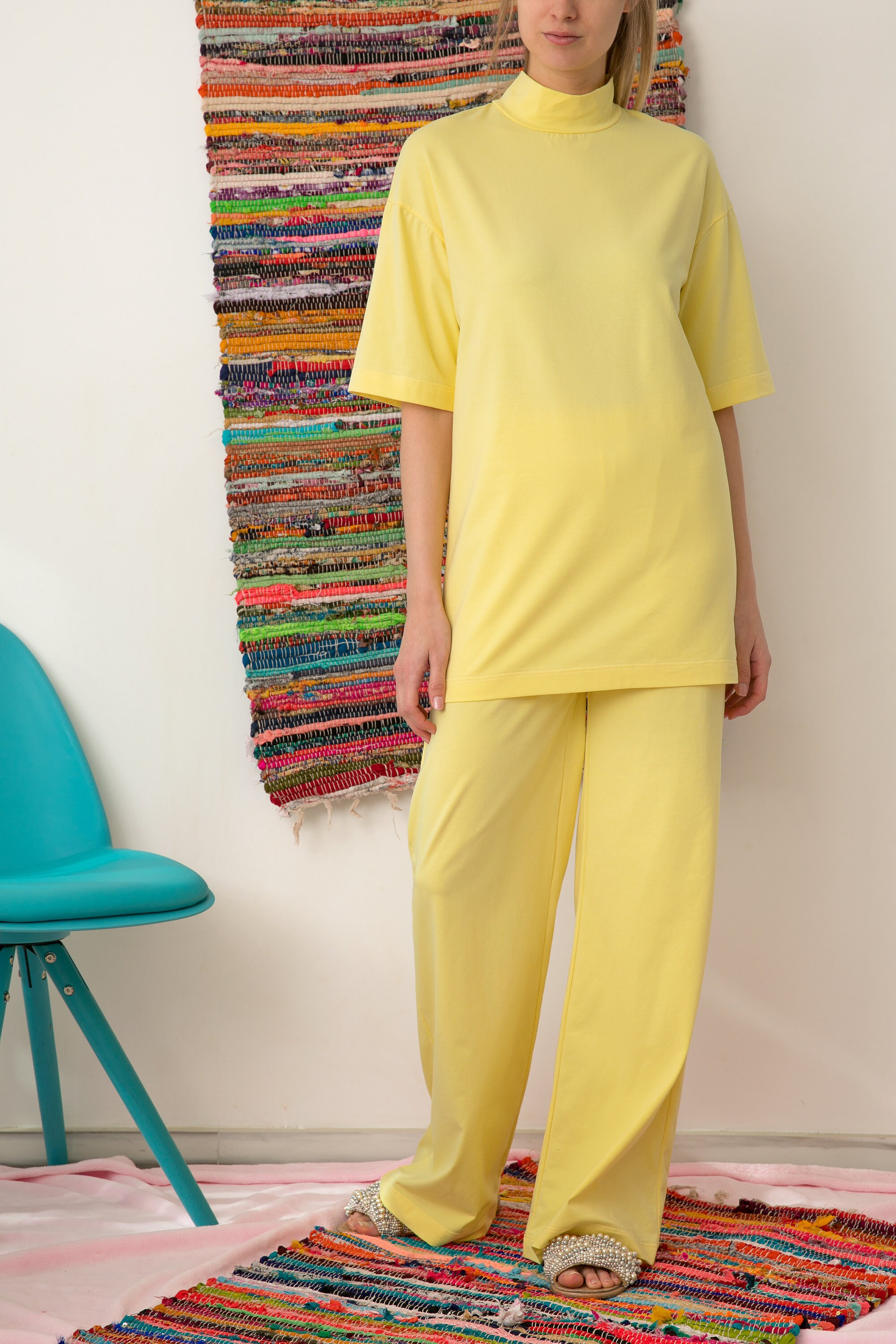 Yellow Suit, Palazzo Pants Comfy Set, Women Wide Pants Set, Wide