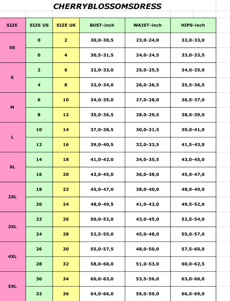 May include: Size chart for a dress with measurements in inches for bust, waist, and hips. The chart includes sizes XS to 5XL, with corresponding US and UK sizes.