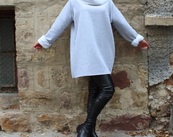 Tunique d’hiver grise, robe tunique confortable, vêtements grande taille, tunique sweat-shirt, chemisier à col roulé, haut à manches longues, haut confortable, vêtements de détente pour femmes