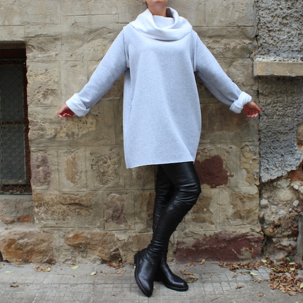 Graue Winter Tunika, Gemütliches Tunika Kleid, Plus Size Kleidung, Sweatshirt Tunika, RollkragenBluse, Langarm Top, Bequemes Top, Frauen Loungewear