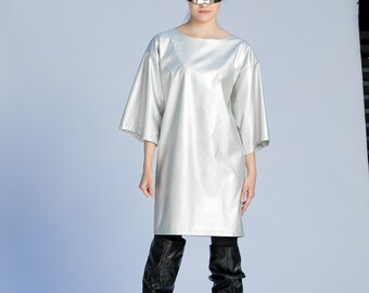 Silver Mini Dress in Faux Leather, Festival Outfit, Festival Dress, Christmas Dress, Party Dress, Futuristic Clothing, Plus Size Dress