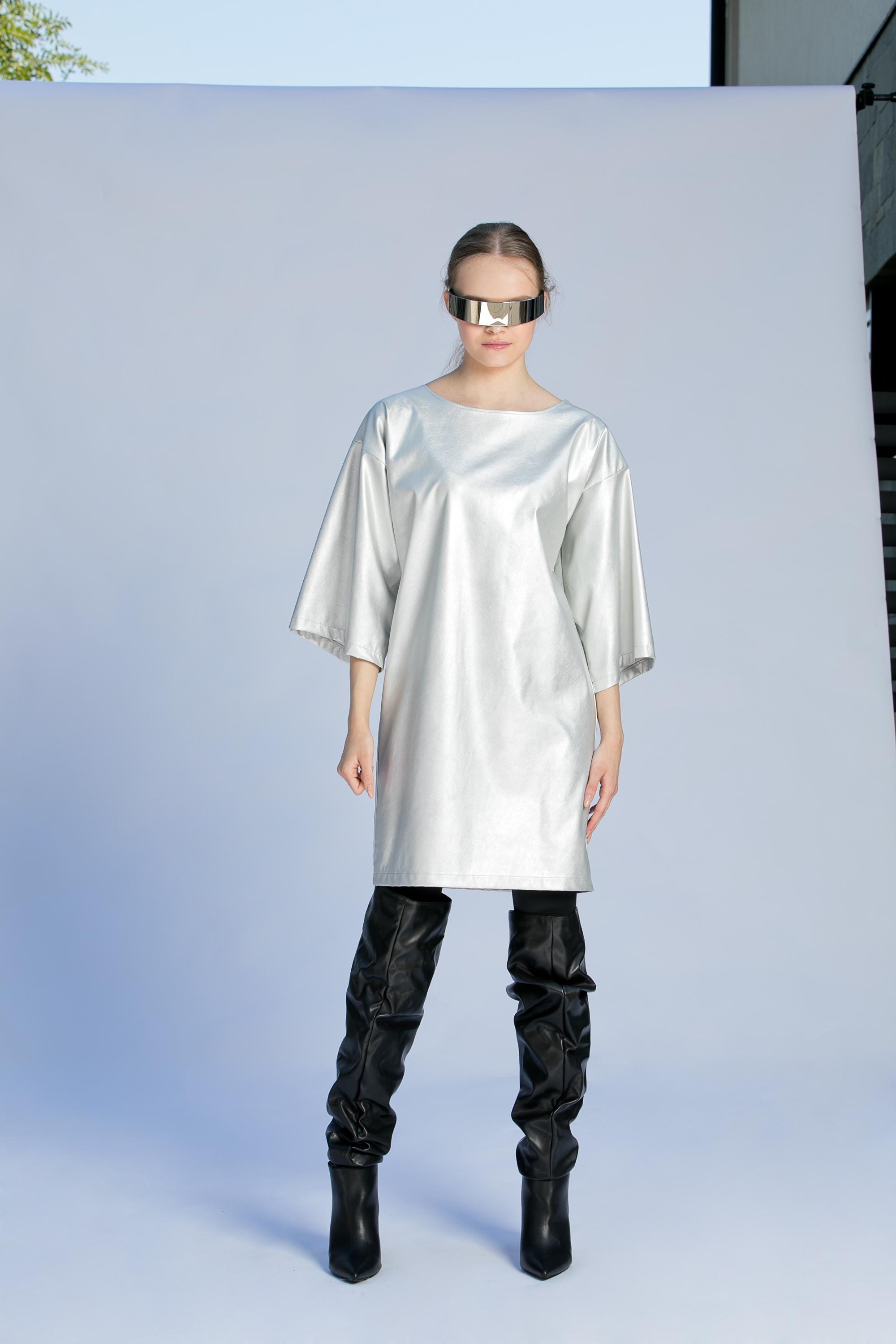Silver Mini Dress in Faux Leather, Festival Outfit, Festival Dress, Christmas Dress, Party Dress, Futuristic Clothing, Plus Size Dress