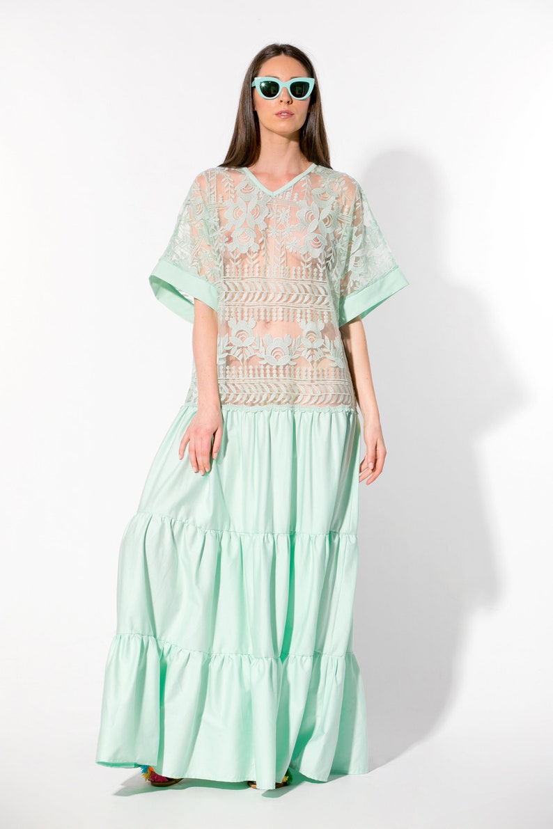 Mint Sheer Dress Transparent Dress Loose Maxi Dress Ruffle | Etsy
