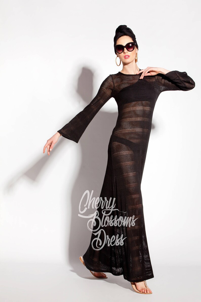 Beach Cover Up Mesh Dress Black Beach Dress Long Sleeve Etsy
