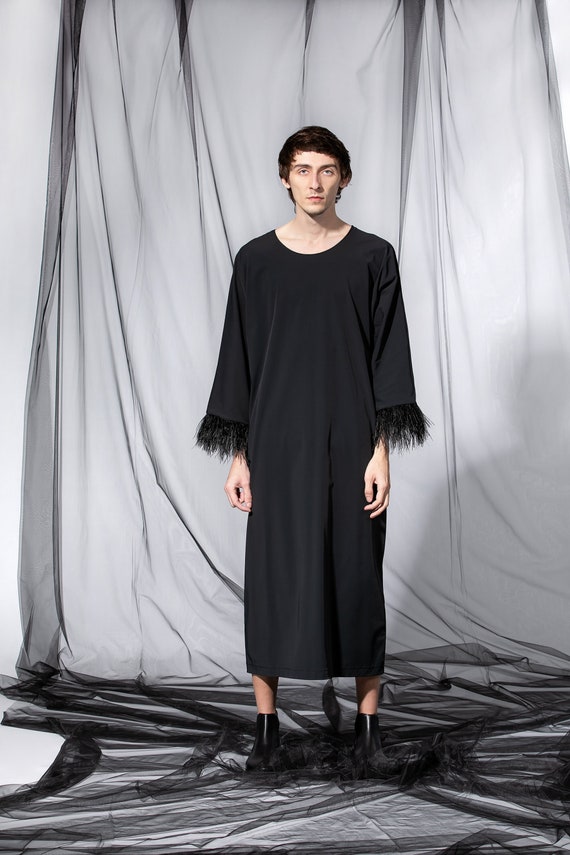 Buy Black Loose Dress With Ostrich Feathers Black Robe Men