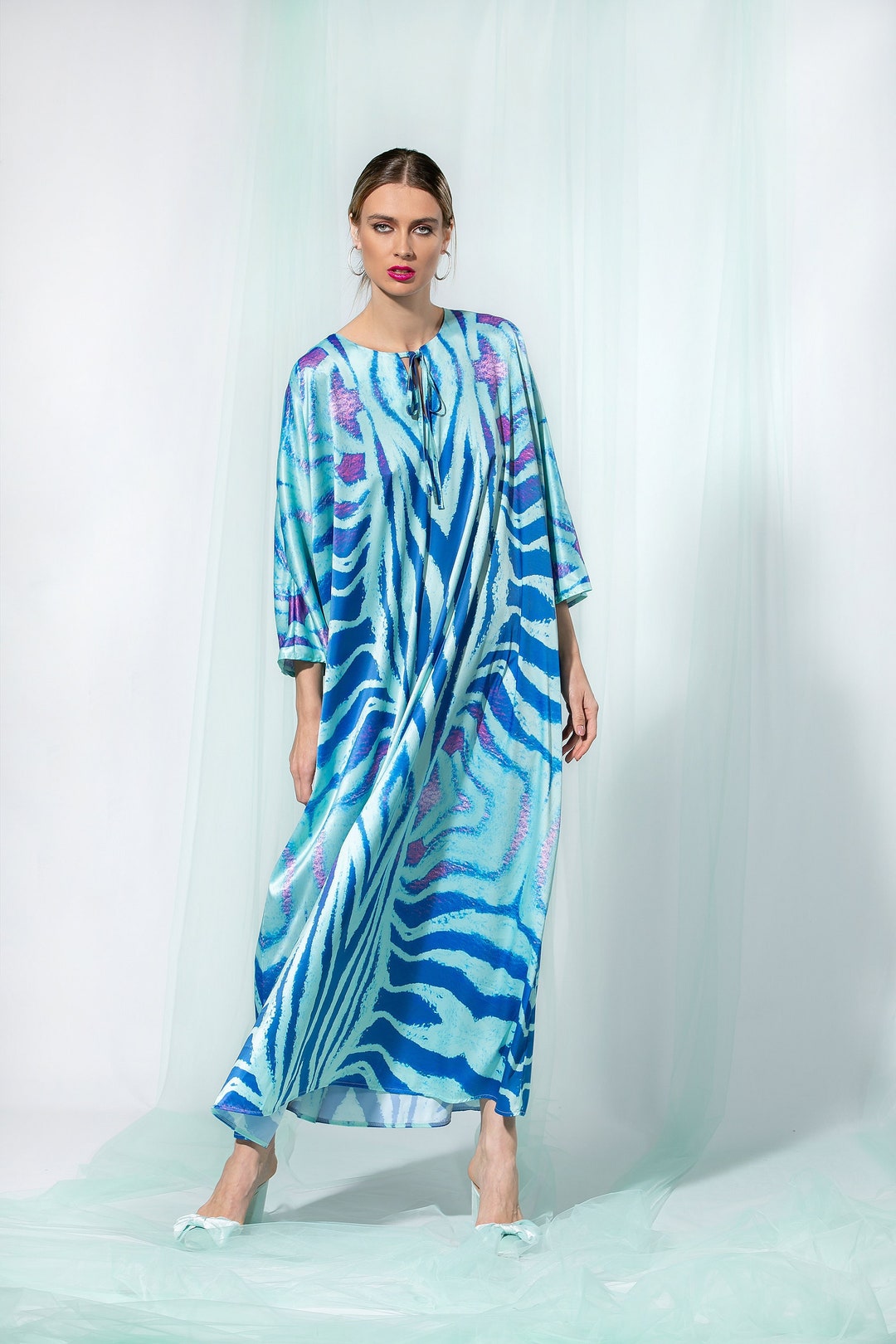 Turquoise Satin Dress, Maxi Dress With Loose Fit, Plus Size Clothing, Long Blue Dress, Turquoise ...
