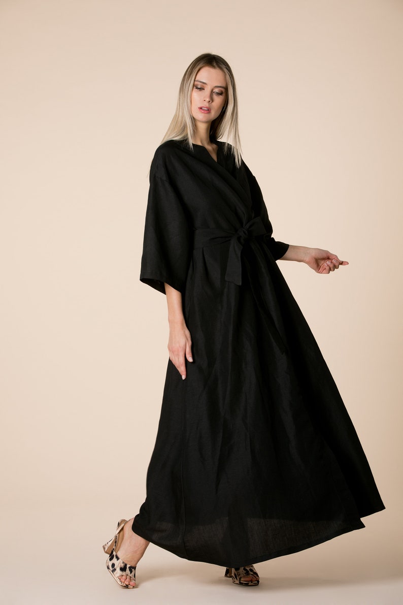Black Linen Dress, Linen Maxi Dress, Linen Kimono Dress, Linen Clothing, Long Sleeve Dress, Linen Belt Dress, Linen A Line Dress, Bohemian image 5