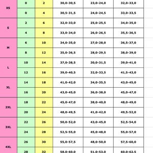 May include: A size chart for a dress, showing measurements in inches for bust, waist, and hips. The chart includes sizes XS through 5XL, with corresponding US and UK sizes.