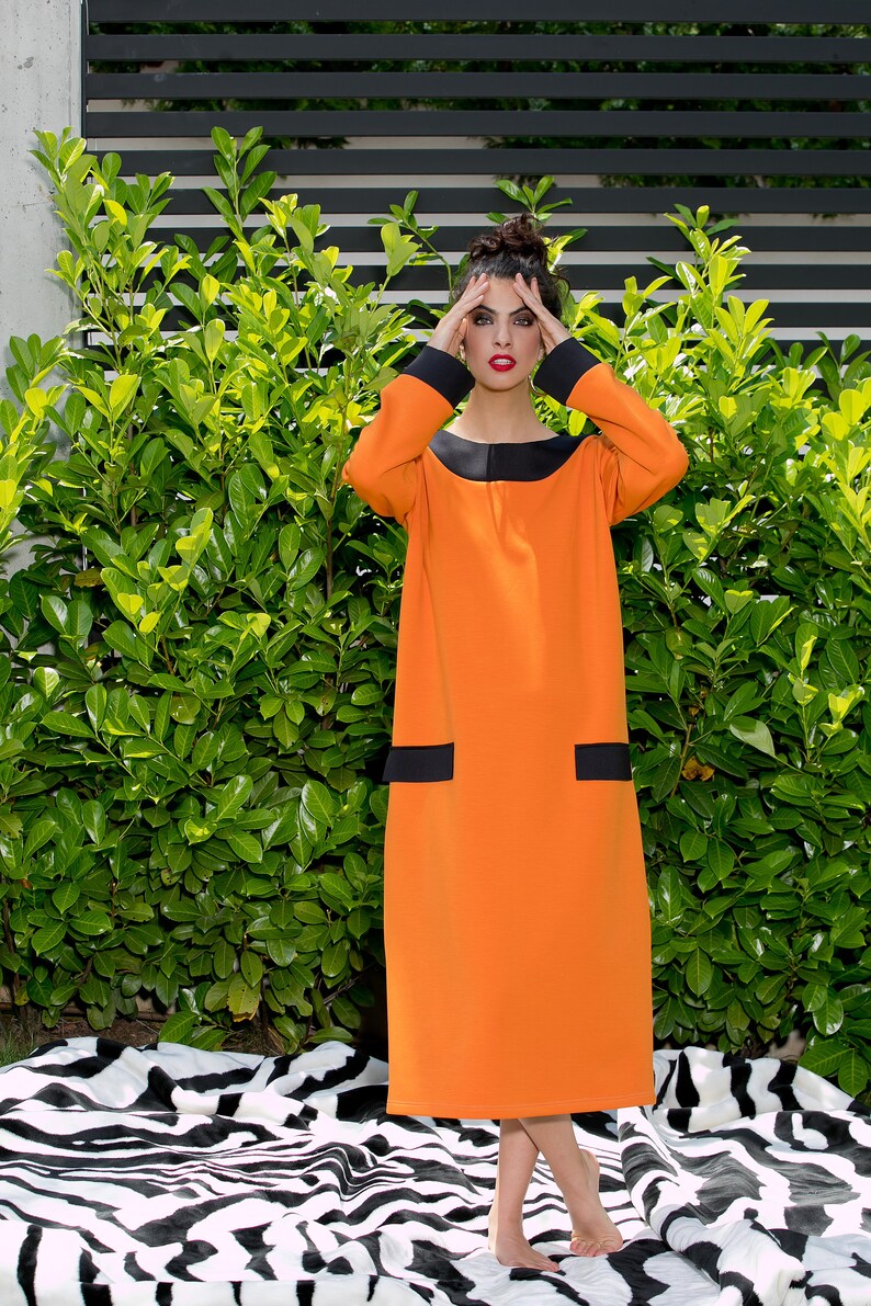 Oversized Dress Neoprene Dress Black Belt Dress Orange Dress Kimono Dress Plus Size Dress Japanese Clothing Midi Dress For Women