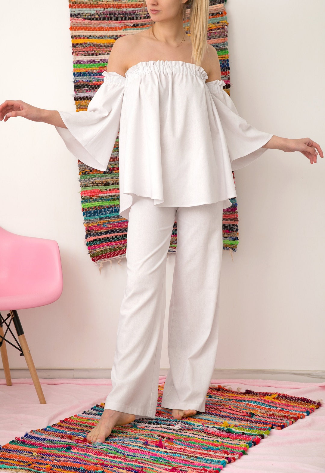 White Linen Top and White Linen Pants, White Linen Set, Women Linen Set