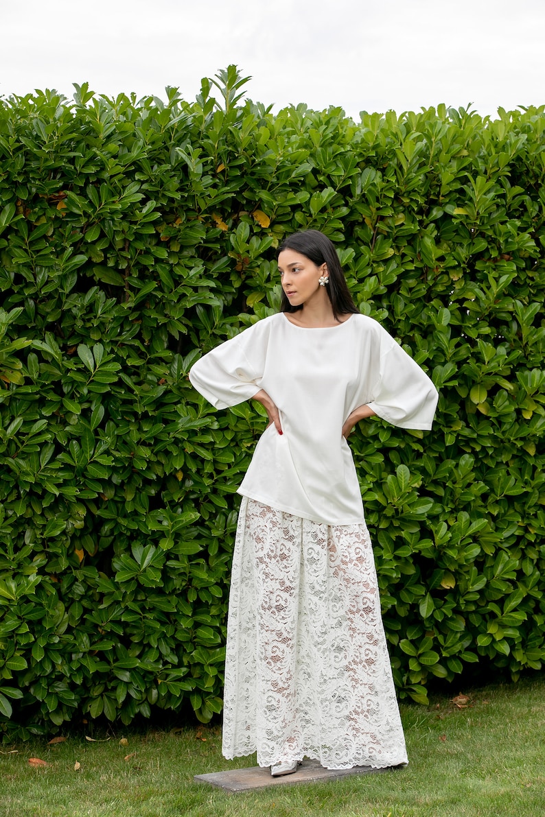 Minimalist Wedding Dress with Lace Maxi Skirt and White Silk Blouse, White Modest Wedding Dress, Bridal Dress image 3