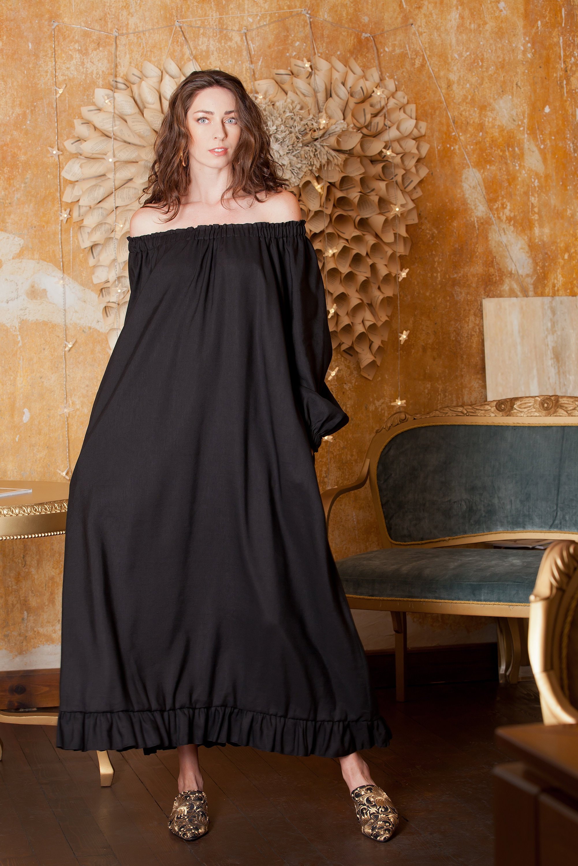Black Linen Dress off Shoulder Dress Linen Maternity Dress | Etsy
