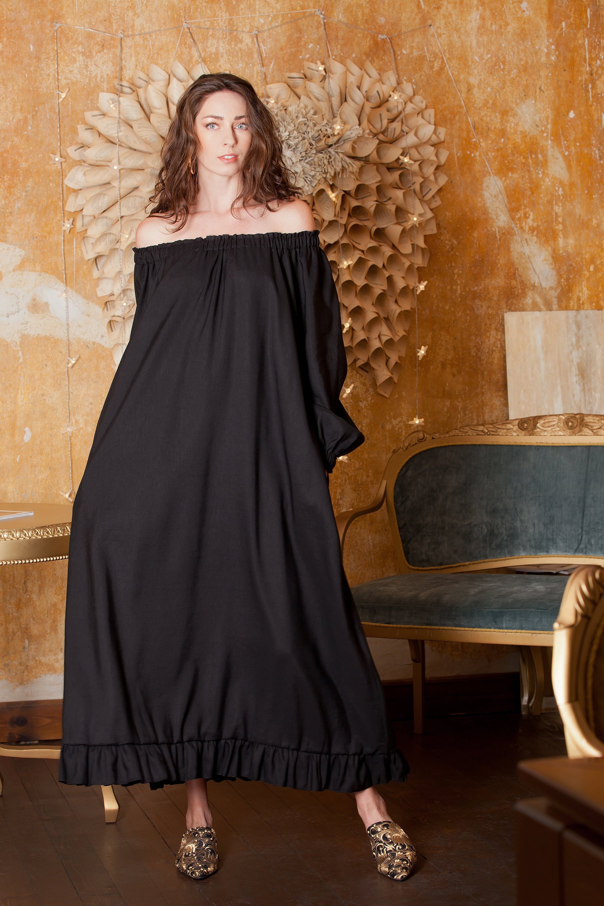 Black Linen Dress off Shoulder Dress 