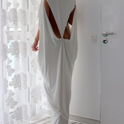 White Viscose Maxi Dress: Backless Kaftan Cutout Gown White Viscose Maxi Dress: Backless Kaftan Cutout Gown