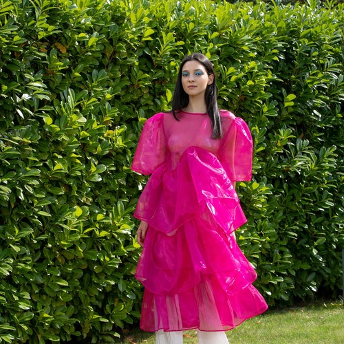 Pink Organza Ruffle Maxi Dress: Sheer Prom Bridesmaid Gown Pink Organza Ruffle Maxi Dress: Sheer Prom Bridesmaid Gown