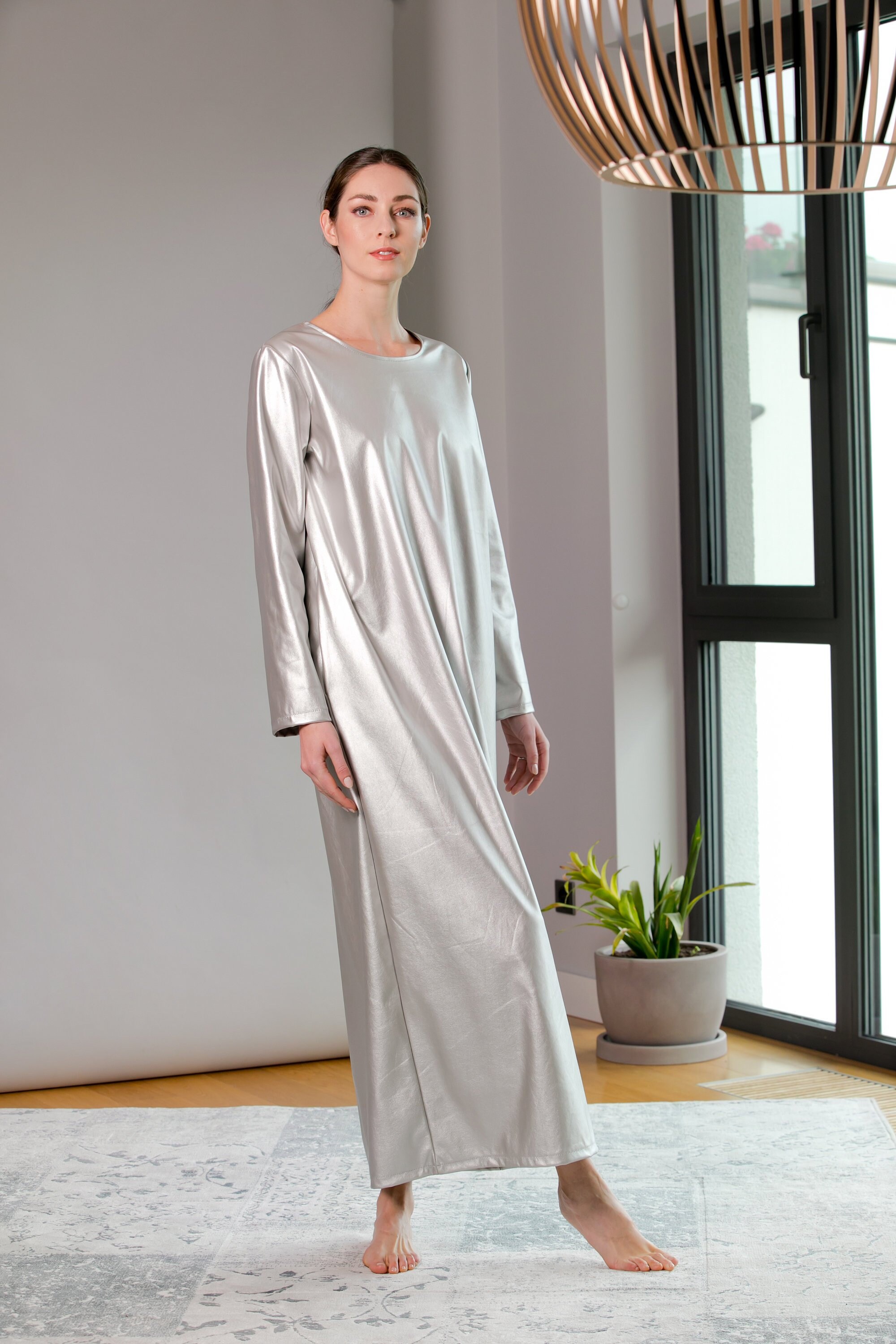 Leather Dress, Silver Dress, Long Sleeve Dress, Winter Dress