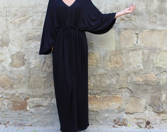 Plus Size Maxi Dress In Black, Loose Fit Women's Dress, V-Neck Maxi Dress With Wide Sleeves