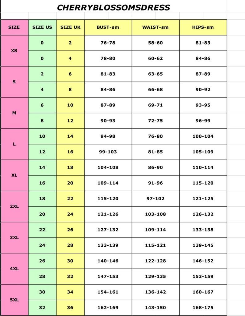 May include: A size chart for a dress, showing measurements in inches for bust, waist, and hips. The chart includes sizes XS through 5XL, with corresponding US and UK sizes.