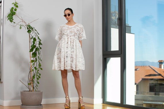 ショート ホワイト レース ドレス、半袖 サマー ドレス、花柄 レース