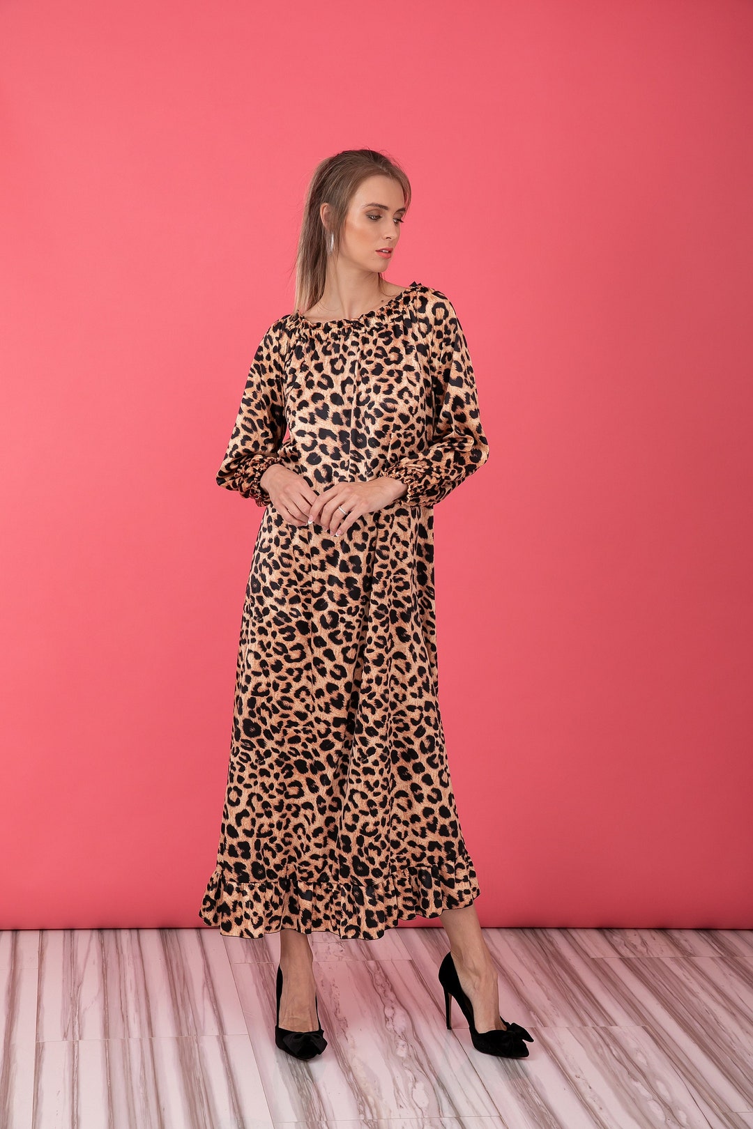 Satin Long Sleeve Dress in Animal Print, Long Maxi Dress, Loose Summer ...
