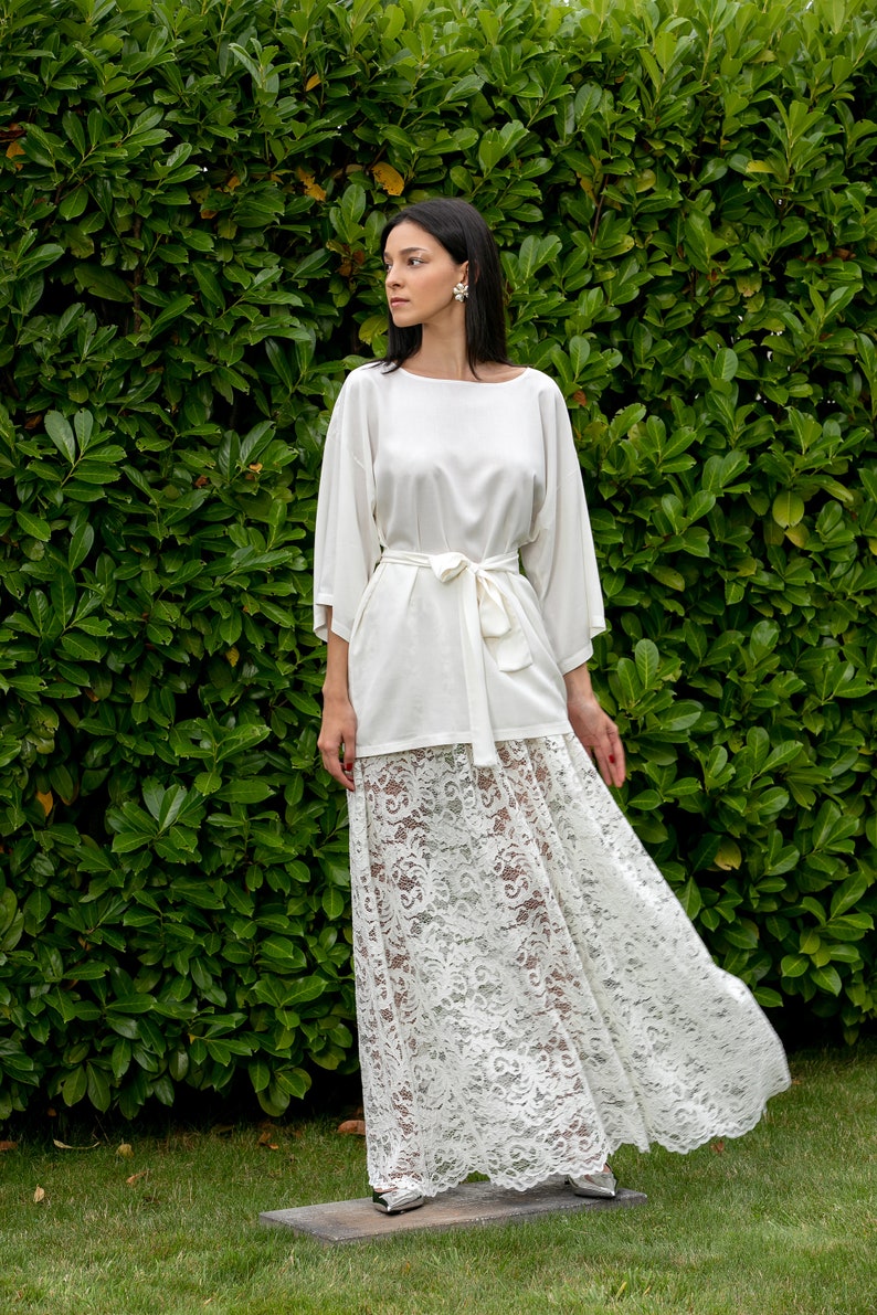 Minimalist Wedding Dress with Lace Maxi Skirt and White Silk Blouse, White Modest Wedding Dress, Bridal Dress image 4