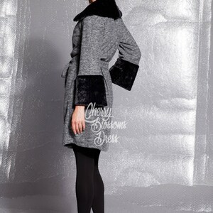 Soft, Warm and Elegant Grey Cardigan with Faux Fur Cuffs, Trench Coat, Fur Coat, Winter Clothing image 6