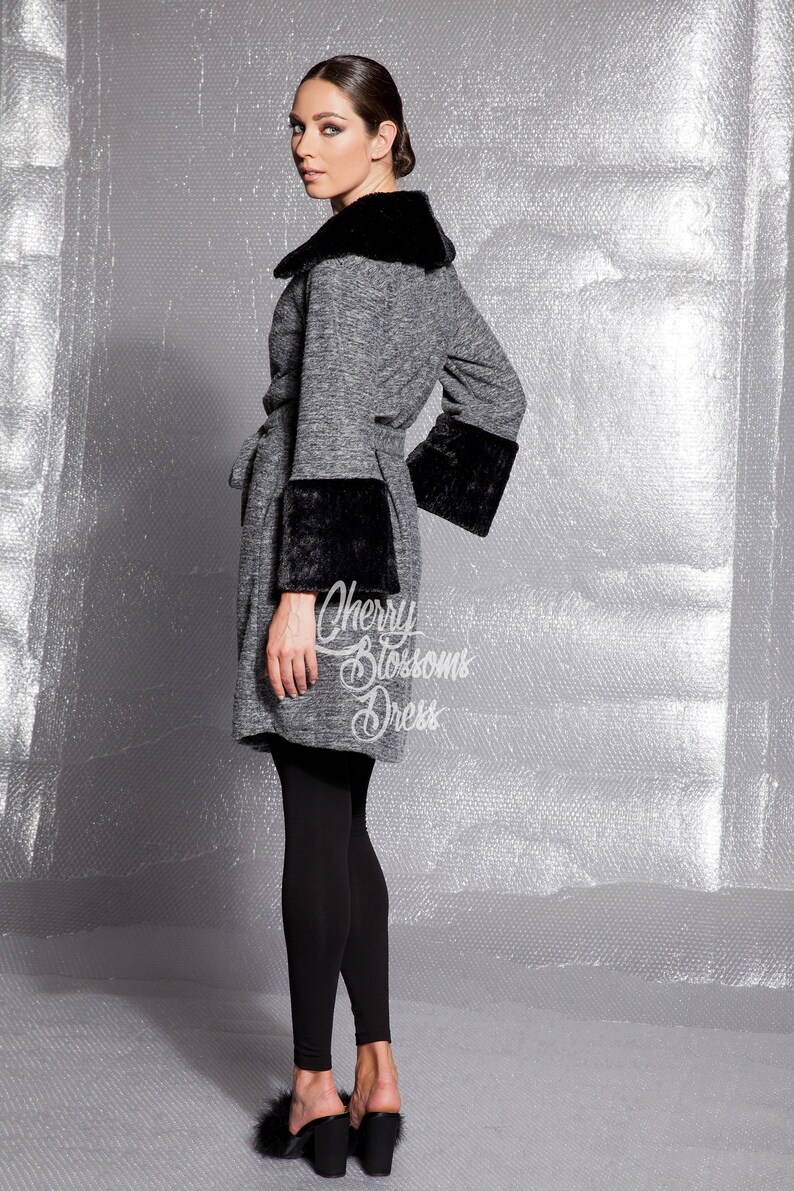 Soft, Warm and Elegant Grey Cardigan with Faux Fur Cuffs, Trench Coat, Fur Coat, Winter Clothing image 6
