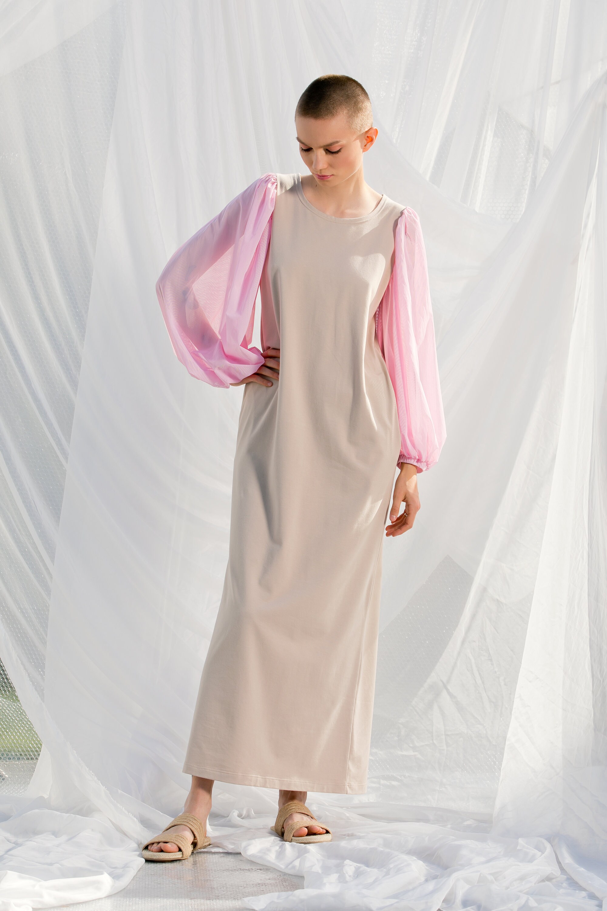 Women Maxi Dress Beige Dress Mesh Sleeve Dress Avant Garde | Etsy