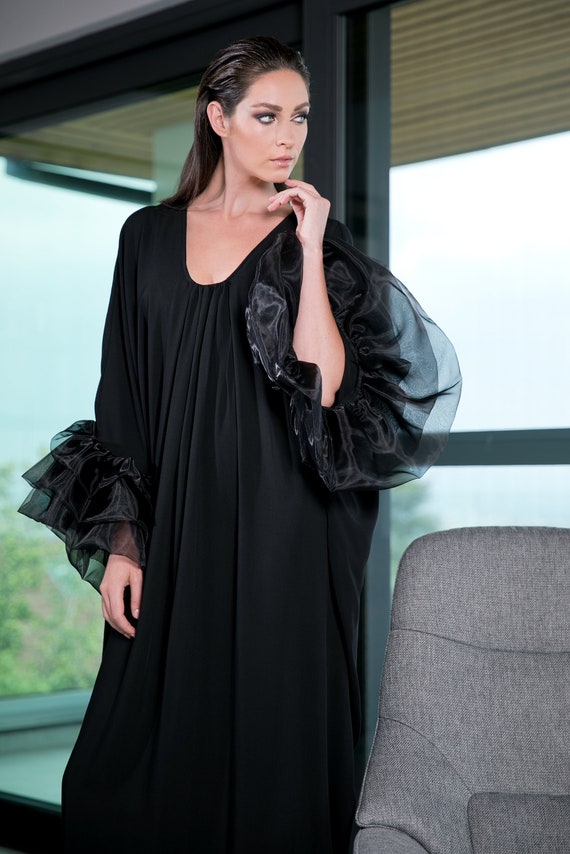 Black Maxi Dress Gothic Wedding Dress Kaftan Dress With Large Organza Sleeves Winter Dress Loose Fit Caftan With Statement Sleeves Etsy