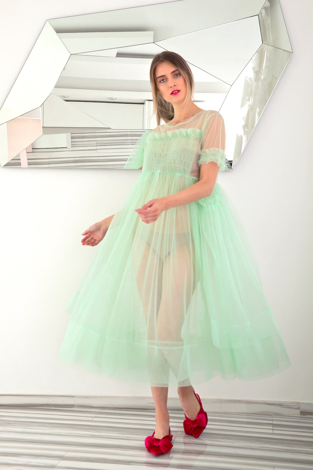 slim fit dress slacks Sheer Lime Green Chiffon Cape Dress with High Neck main image 0