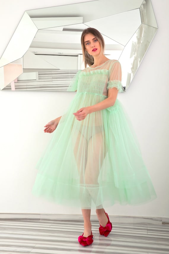 mint green sheer dress Colors 3346 Size 8 Mint Short Ruffle Layer Short dress A Line Lace Corset Pleated Fit & Flare Gown Formal main image 0