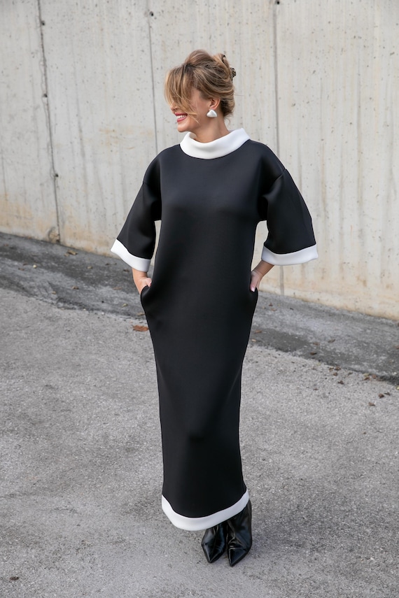 Black and White Dress with Pockets in Neoprene Fabric, Customized by Your Measurements/Height