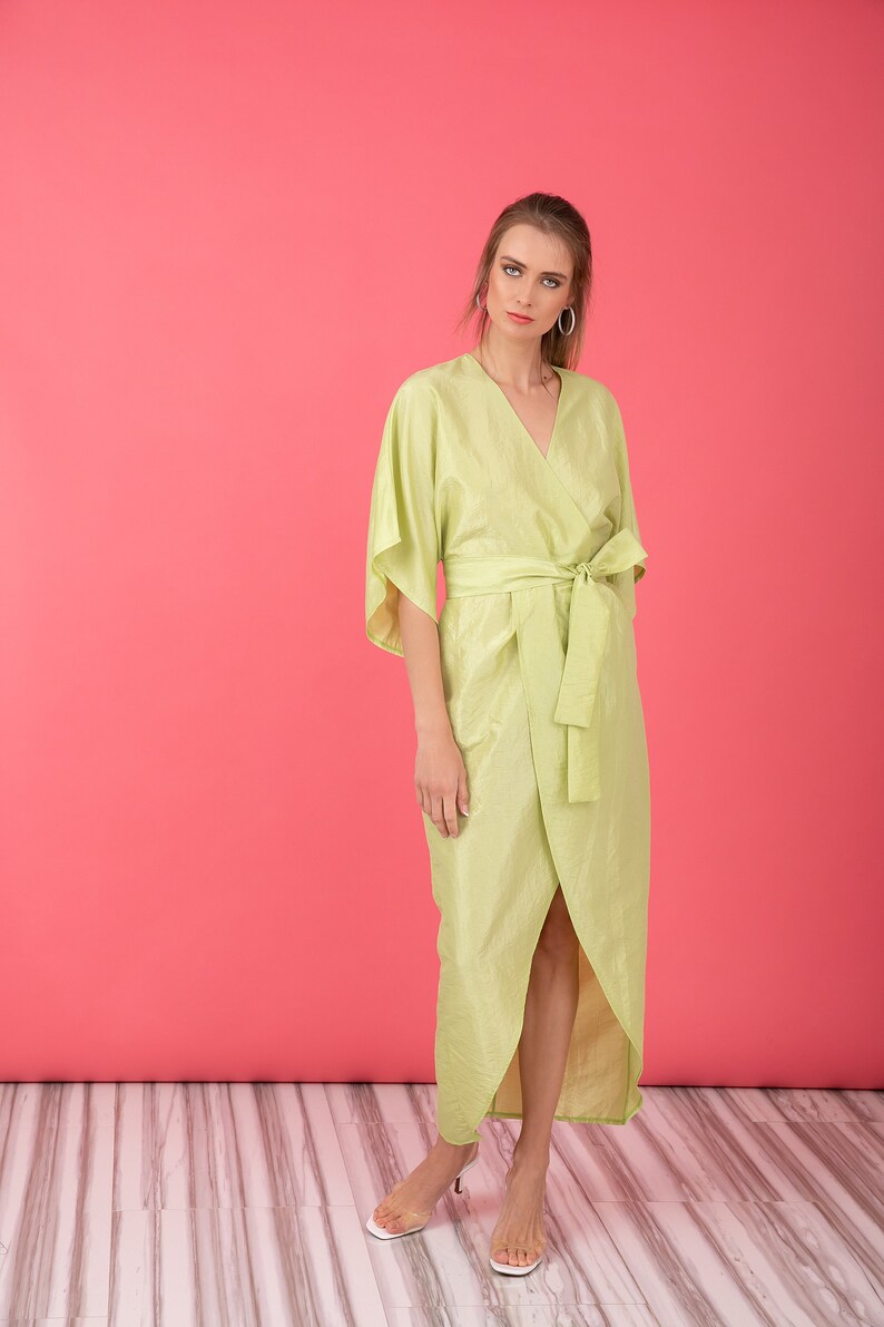 Pastel Green Taffeta Dress, Kimono Dress With Wide Sleeves, Wrap Midi Dress, Tulip Dress With Belt image 5