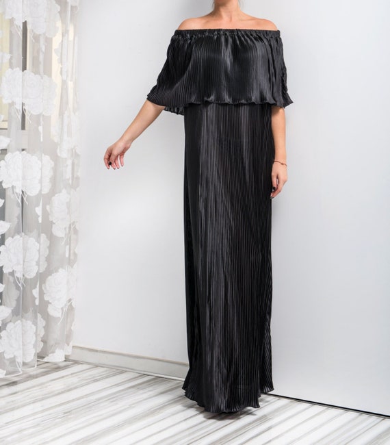 Black Satin Pleated Maxi Dress: Elegant Off-shoulder Gown - Etsy Israel Black Satin Pleated Maxi Dress: Elegant Off-shoulder Gown - Etsy Israel