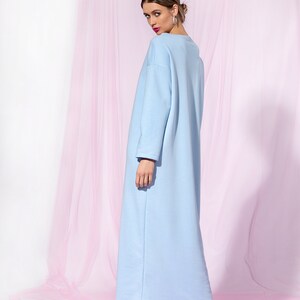 Sky Blue Maxi Dress, Minimalist Dress, Cotton Dress With Long Sleeves, Casual Dress, Loose Fit Dress, Minimalist Clothing, Simple Dress zdjęcie 2