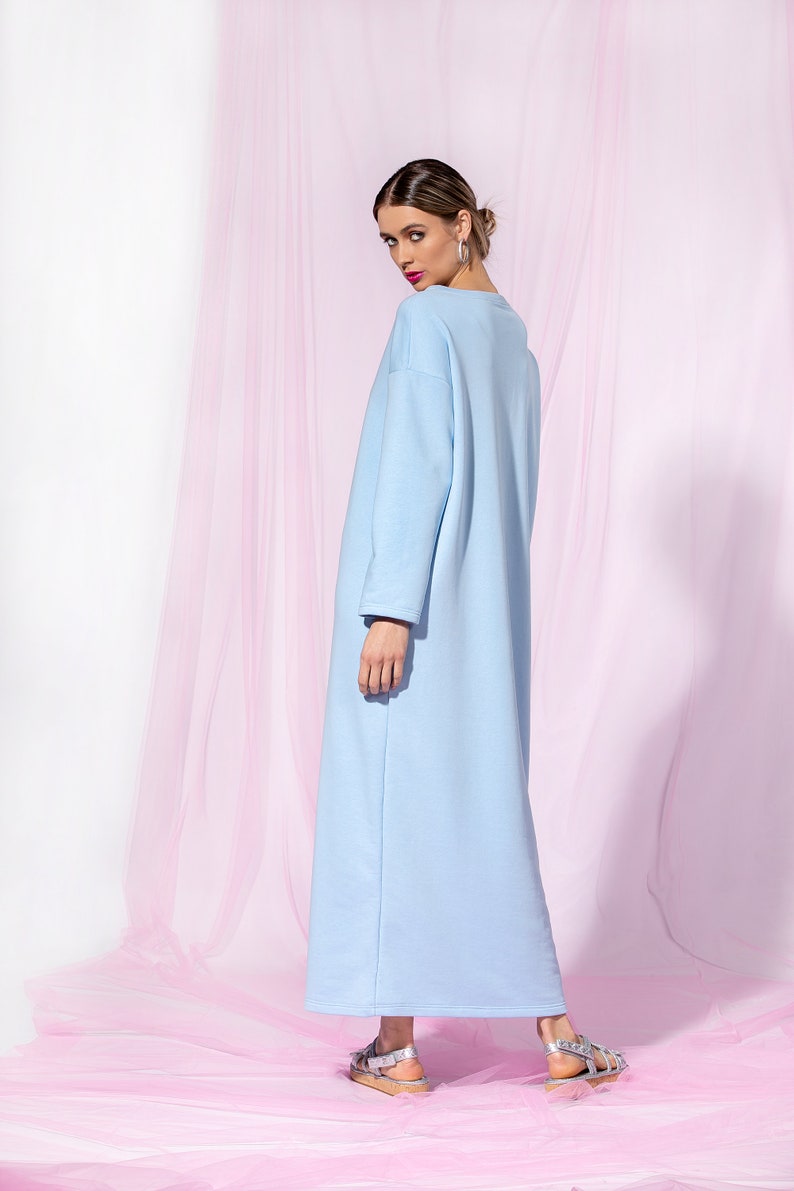 Sky Blue Maxi Dress, Minimalist Dress, Cotton Dress With Long Sleeves, Casual Dress, Loose Fit Dress, Minimalist Clothing, Simple Dress zdjęcie 2