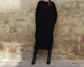 Plus Size Schwarzes Kleid, Winter Maxi Kleid, Plus Size Kleidung, Langarmkleid, Gothic Kleid, Taschenkleid, warmes Kleid, Plus Size Kleidung